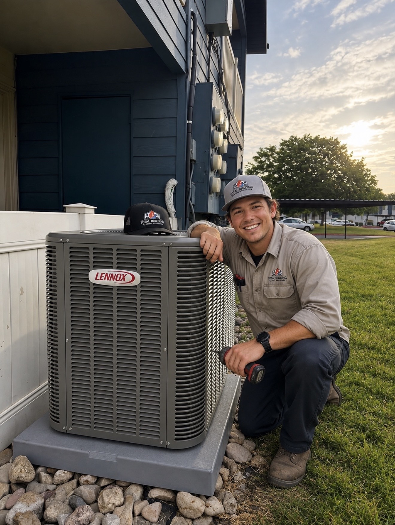 Total Building & Climate Solutions technician installing a Lennox AC unit